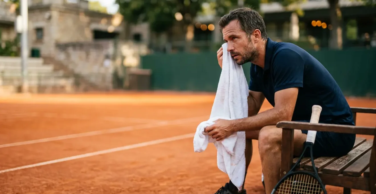 Joueur de tennis en pleine analyse tactique durant un changement de côté sur un court français