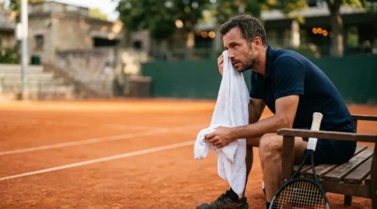 Joueur de tennis en pleine analyse tactique durant un changement de côté sur un court français