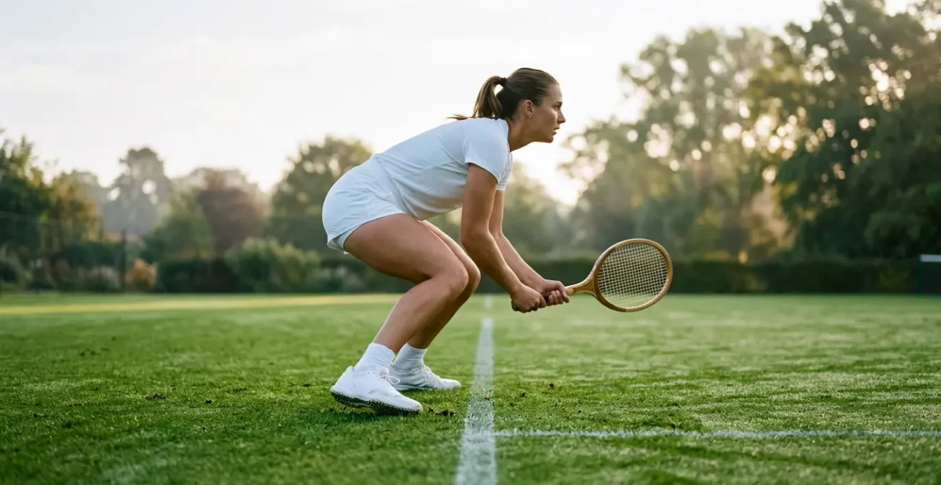 Joueur de tennis en action sur court en gazon naturel avec rebond bas et jeu rapide