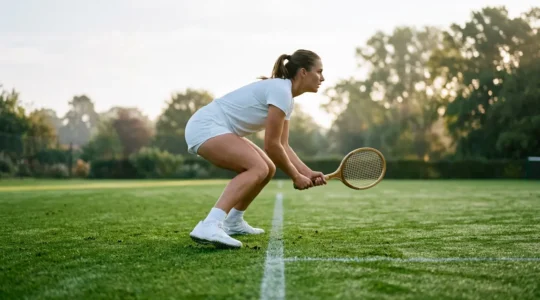 Joueur de tennis en action sur court en gazon naturel avec rebond bas et jeu rapide