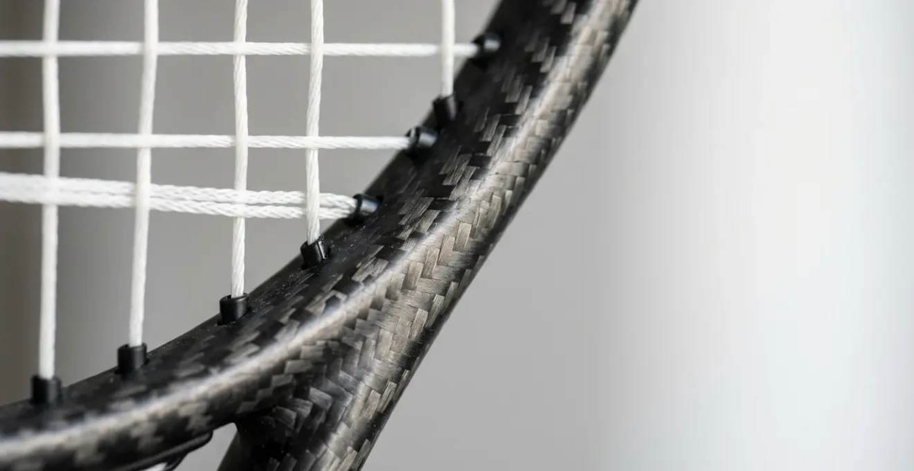 Détail macro d'une raquette de tennis mettant en évidence la biomécanique et l'équilibre du matériel