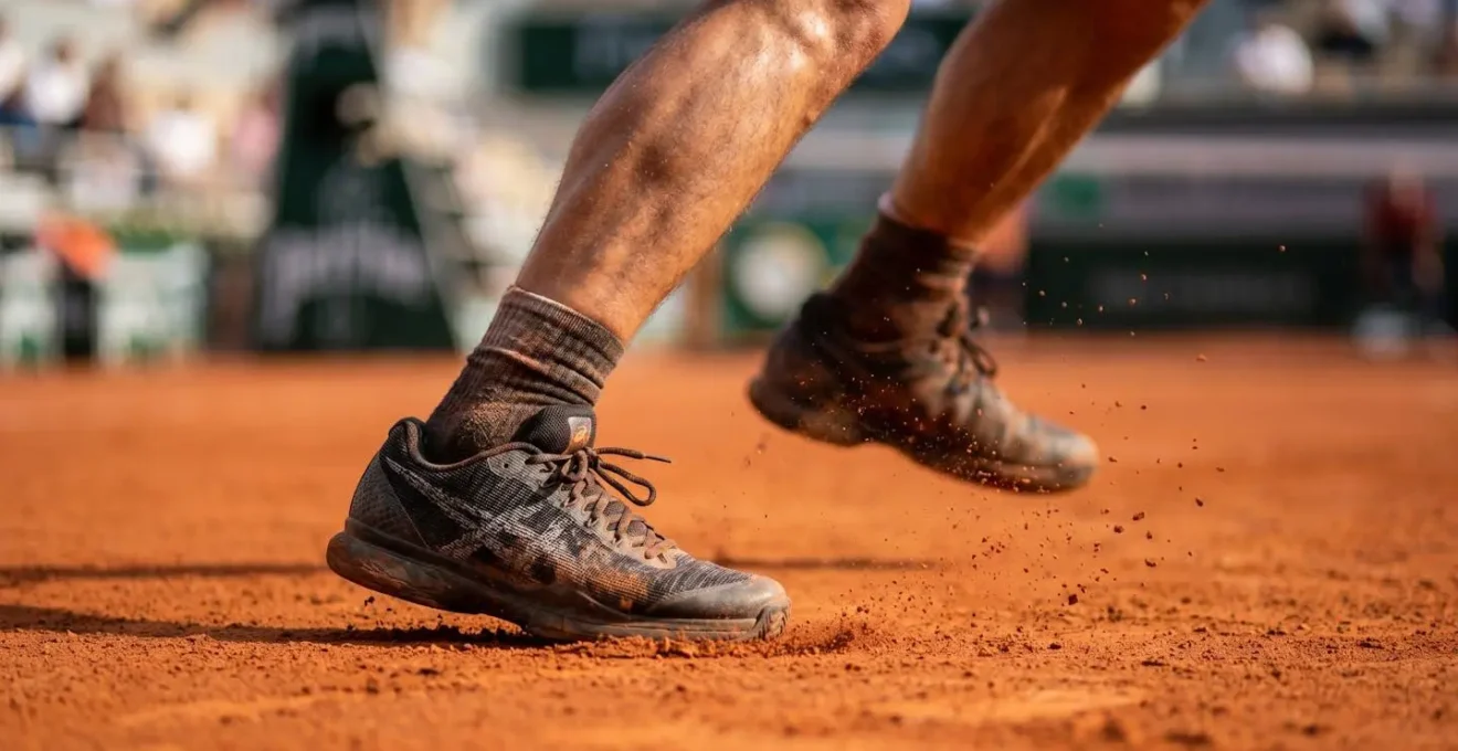 Gros plan sur les pieds d un joueur de tennis executant un split step precis au moment de l approche au filet sur terre battue francaise