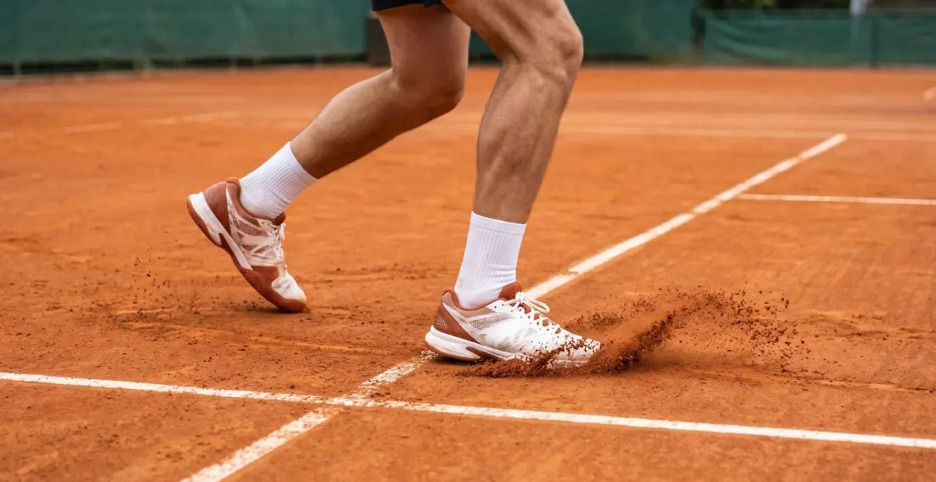 Illustration montrant les appuis modernes d'un joueur de tennis sur terre battue avec technique de glissade contrôlée