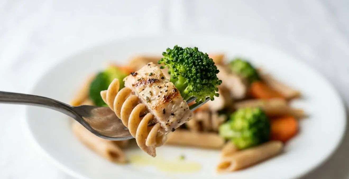 Assiette de pâtes complètes avec légumes et protéines maigres pour joueur de tennis