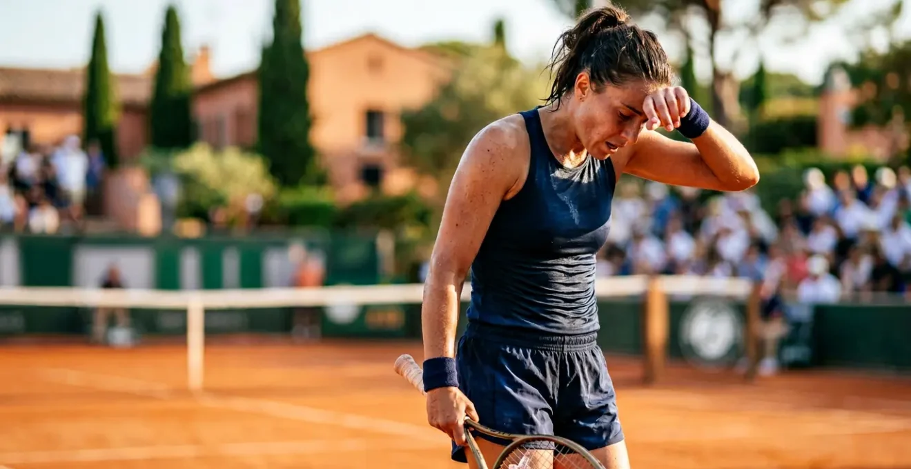 Joueur de tennis professionnel s'hydratant sur un court extérieur lors d'une journée ensoleillée en France