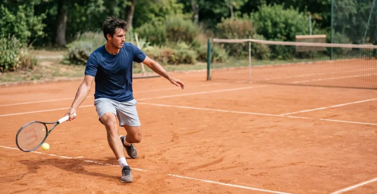 Joueur de tennis en plein effort physique sur un court extérieur, illustrant la thermorégulation et la gestion de la transpiration pendant un match intense