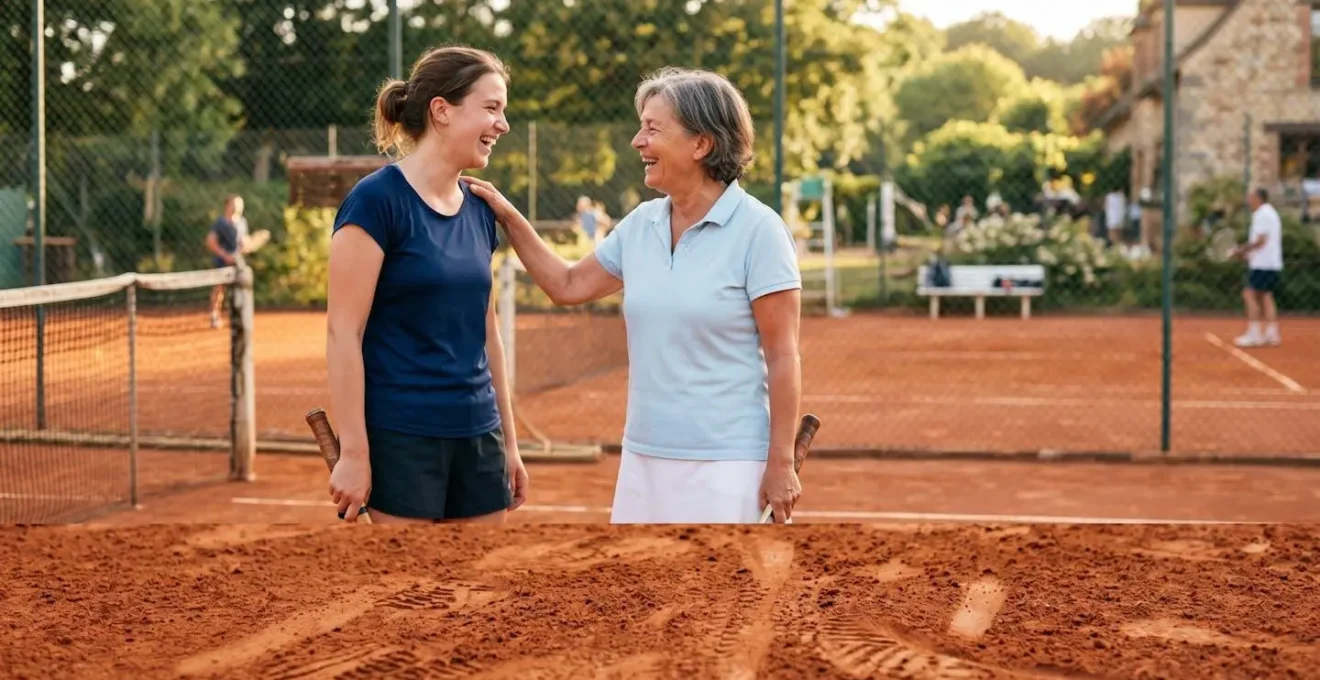 Court de tennis en terre battue français avec ambiance conviviale de club associatif