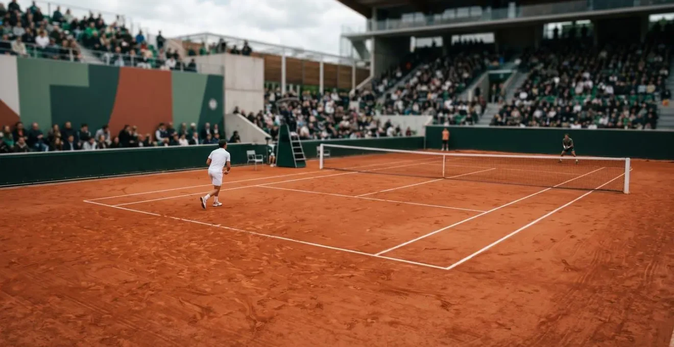Ambiance vibrante d'un court de tennis sur terre battue lors d'un tournoi professionnel