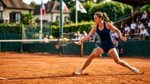 Joueur de tennis professionnel sur terre battue francaise executant un enchainement coup droit croise avec glissade et replacement automatique