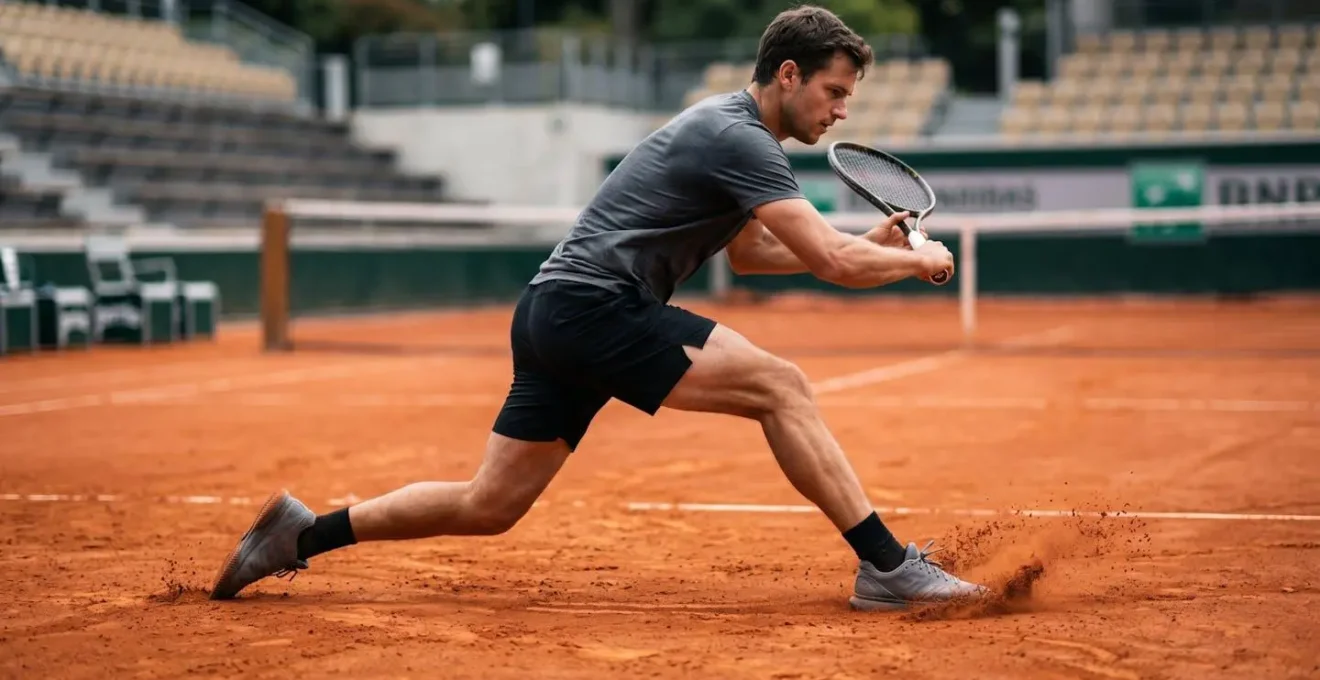 Joueur de tennis en pleine phase de glissade contrôlée montrant l'engagement musculaire des jambes et du tronc sur terre battue