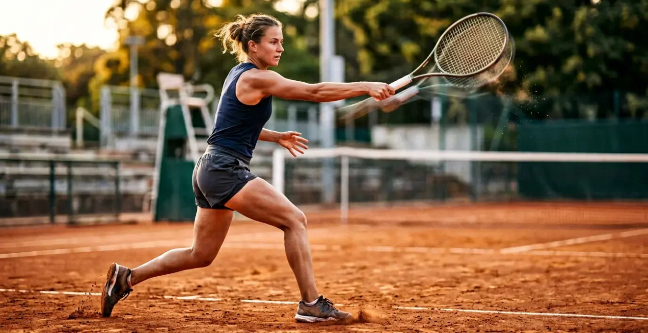Illustration représentant l'analyse biomécanique du mouvement d'un joueur de tennis en action sur terre battue française