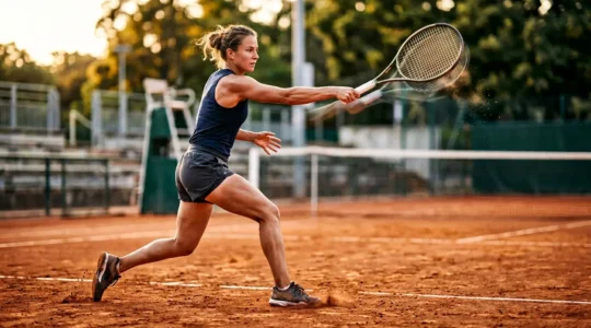 Illustration représentant l'analyse biomécanique du mouvement d'un joueur de tennis en action sur terre battue française