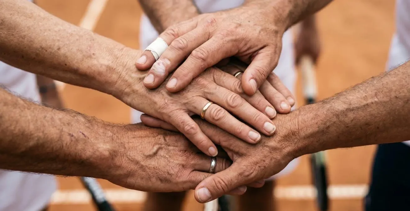 Groupe d'adultes célébrant ensemble une réussite collective sur un court de tennis