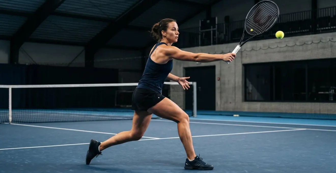 Séquence de mouvement montrant le transfert d'énergie des jambes vers le bras lors d'une frappe de tennis