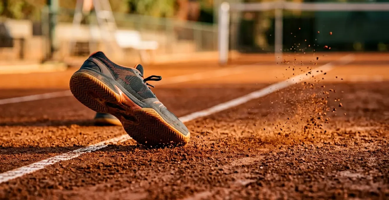 Chaussures de tennis professionnelles sur un court, focus sur les semelles et l'adhérence lors d'un déplacement latéral