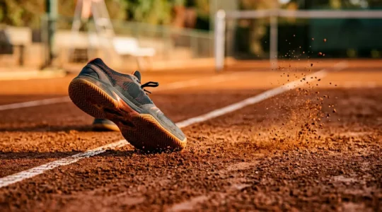 Chaussures de tennis professionnelles sur un court, focus sur les semelles et l'adhérence lors d'un déplacement latéral