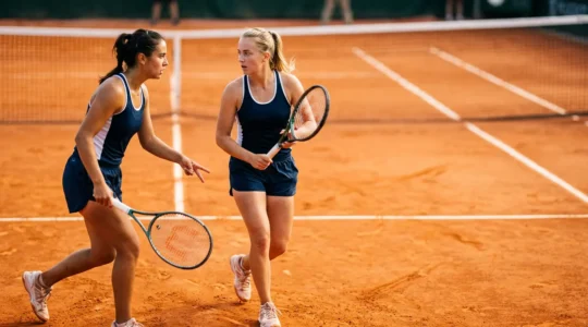 Deux joueurs de tennis en double se coordonnant sur un court de terre battue français, gestes tactiques et synchronisation