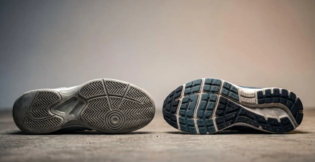 Comparaison visuelle entre une semelle large de chaussure de tennis et une semelle étroite de running vue de profil
