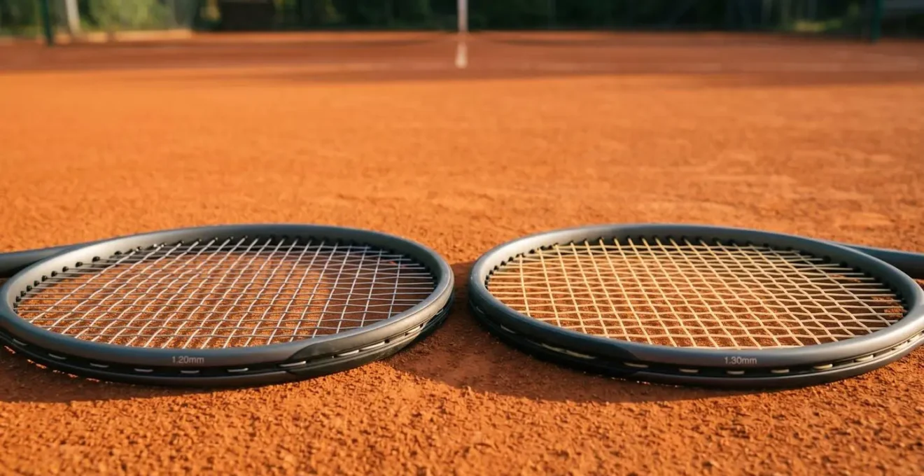Comparaison entre cordages de tennis de jauges différentes illustrant l'impact sur le mouvement des cordes