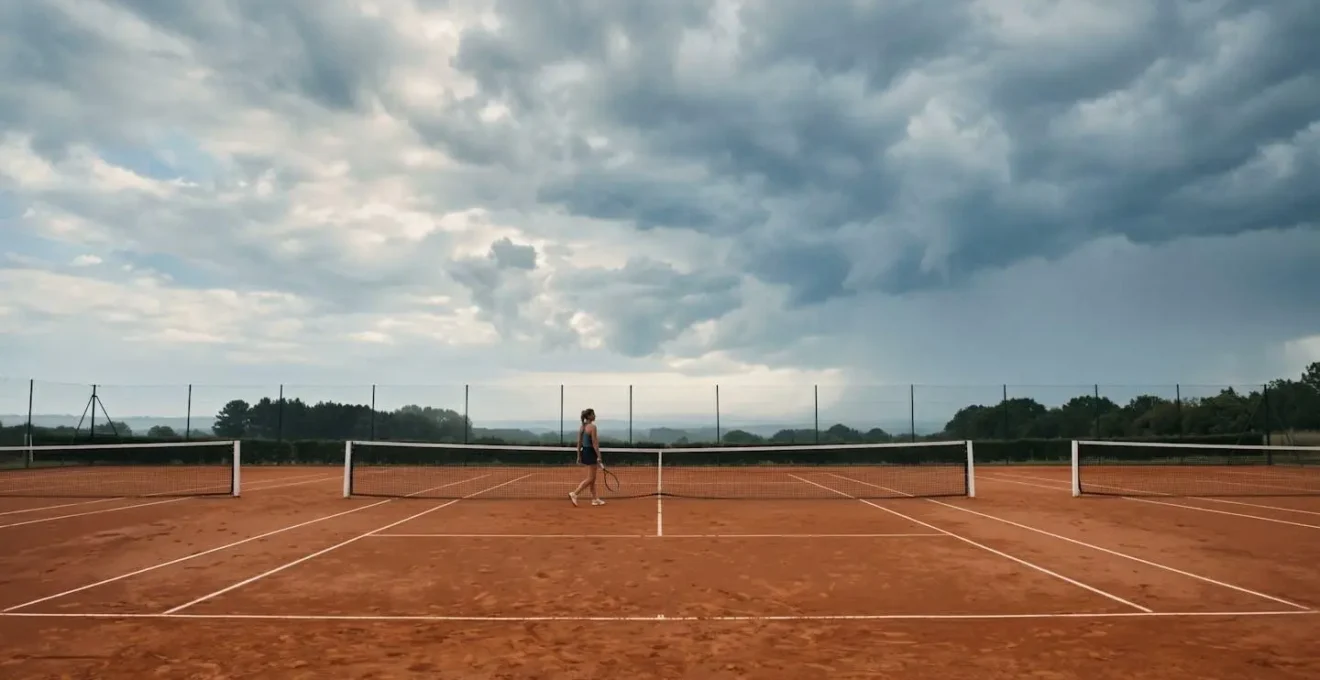 Joueur de tennis s'adaptant aux conditions changeantes sur terre battue avec ciel nuageux