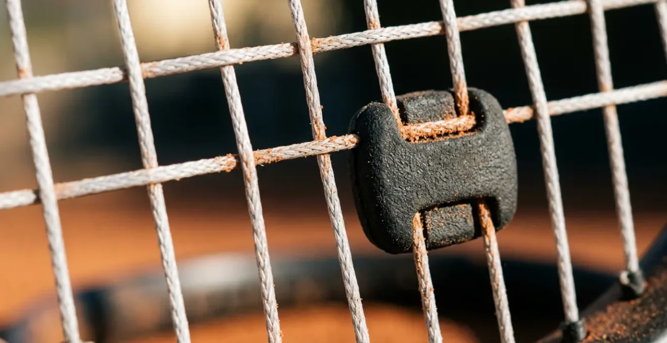 Gros plan sur une raquette de tennis avec cordage et anti-vibrateur, atmosphère de court en terre battue français