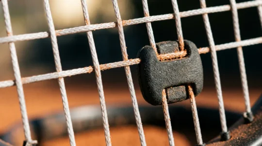 Gros plan sur une raquette de tennis avec cordage et anti-vibrateur, atmosphère de court en terre battue français