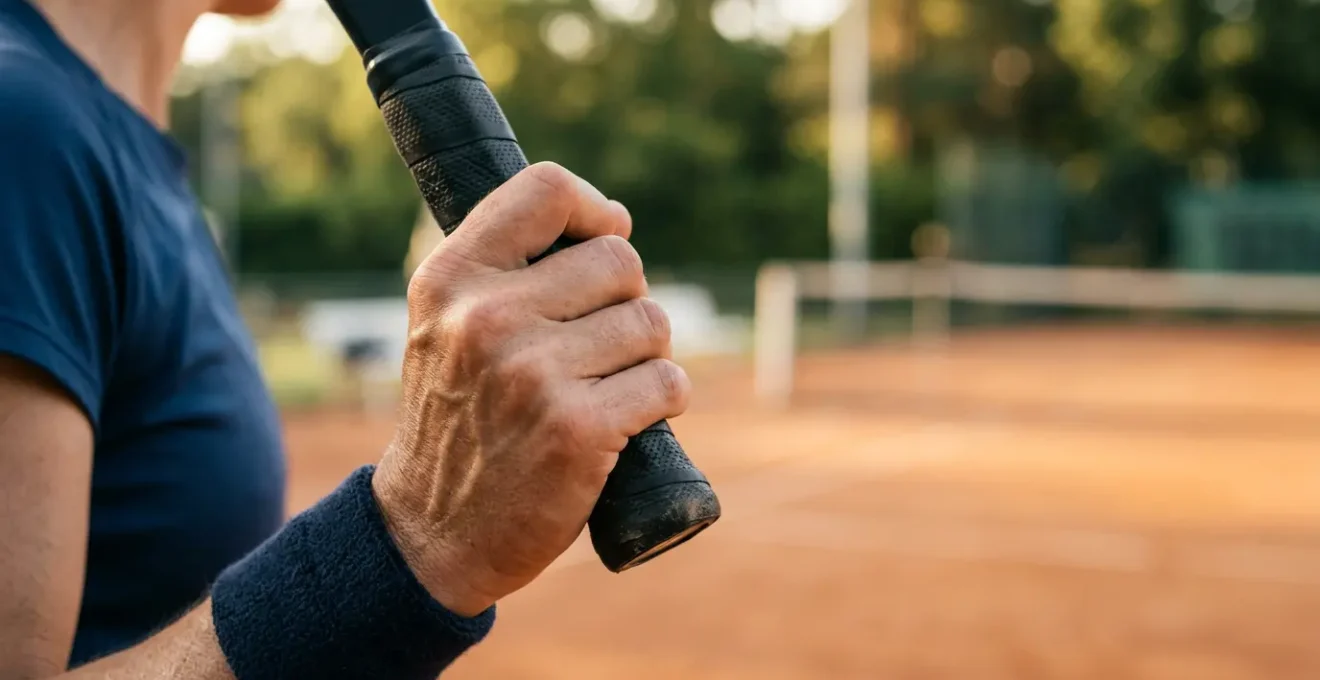 Gros plan sur une main de joueur tenant fermement le manche octogonal d'une raquette de tennis, révélant les arêtes du grip