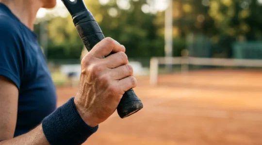 Gros plan sur une main de joueur tenant fermement le manche octogonal d'une raquette de tennis, révélant les arêtes du grip