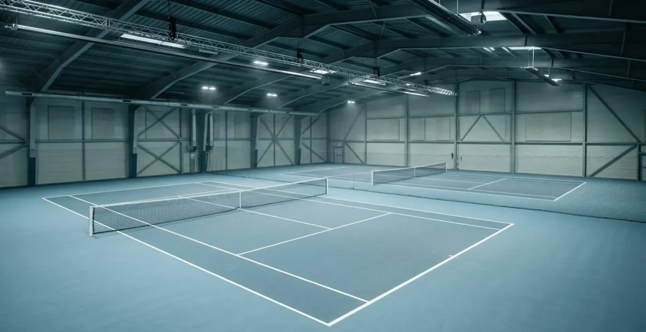 Vue d'ensemble d'un court de tennis couvert en France avec éclairage artificiel et atmosphère contrôlée