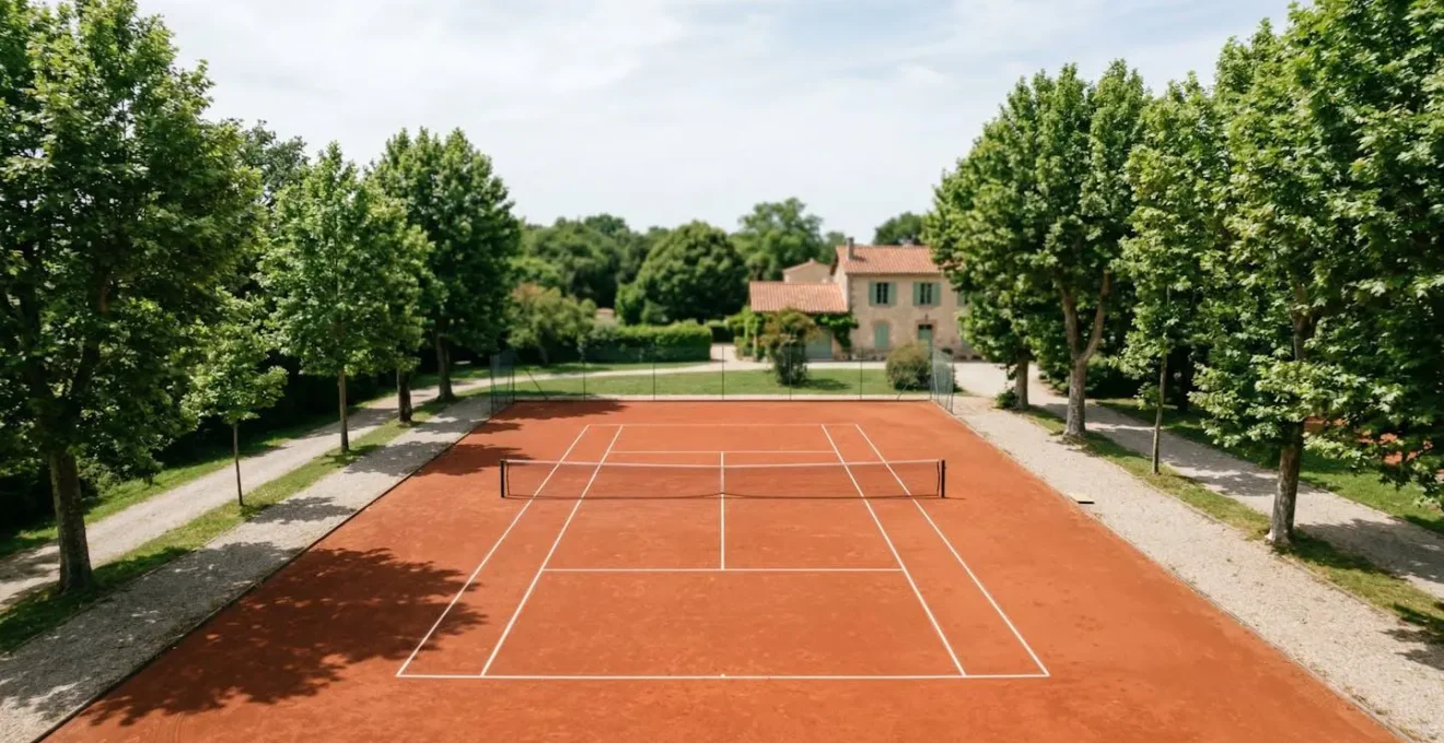 Court de tennis en terre battue avec lignes blanches et filet dans un environnement de club français