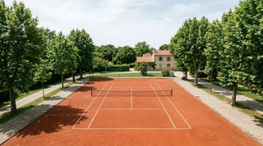Court de tennis en terre battue avec lignes blanches et filet dans un environnement de club français