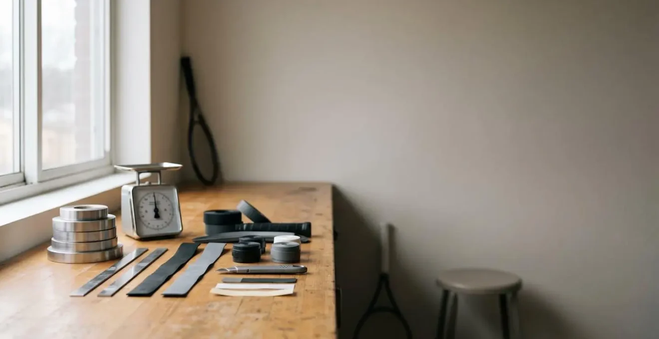 Vue environnementale d'un atelier de customisation de raquette avec outils et accessoires