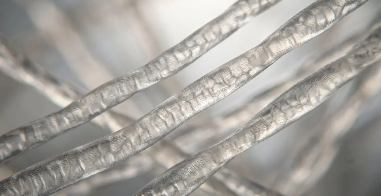Photographie macro révélant les fibres d'élasthanne et leur structure polymère vulnérable à la chaleur