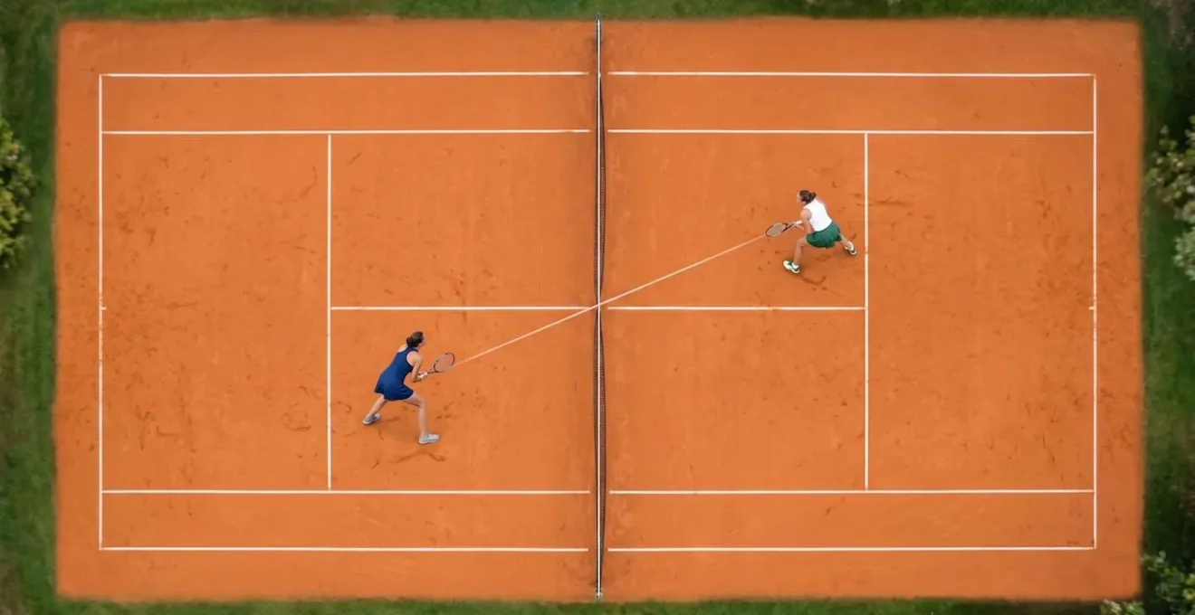 Vue aérienne minimaliste d'un court de tennis montrant les positions coordonnées de deux joueurs en formation de double