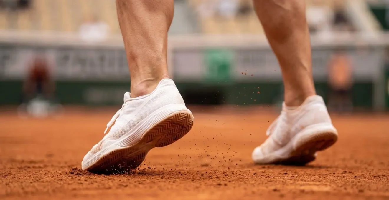 Gros plan sur les pieds et le jeu de jambes d'un joueur de tennis exécutant un split-step au filet