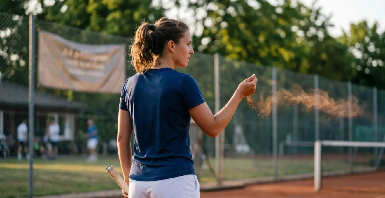 Joueur observant les indicateurs de vent sur un court de tennis extérieur