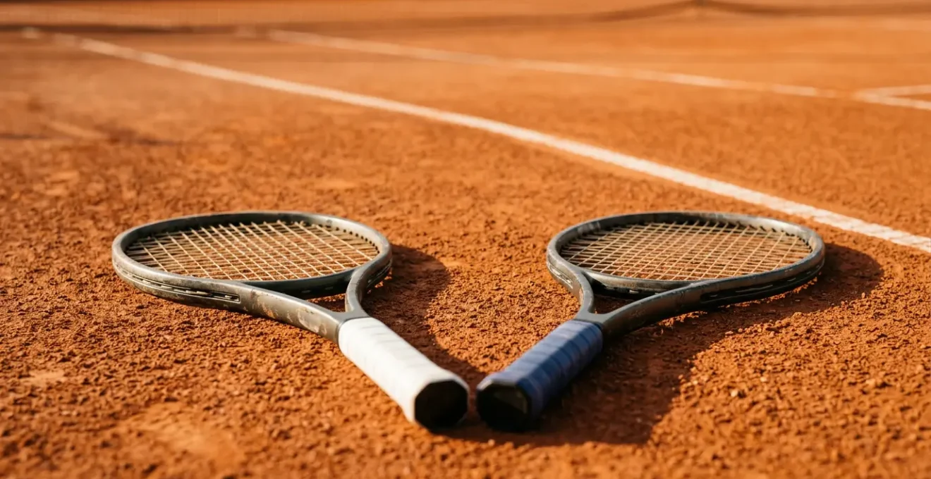 Deux raquettes de tennis posées sur un court de terre battue, symbolisant le choix crucial entre revers à une main et à deux mains
