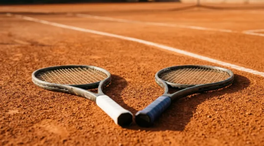 Deux raquettes de tennis posées sur un court de terre battue, symbolisant le choix crucial entre revers à une main et à deux mains