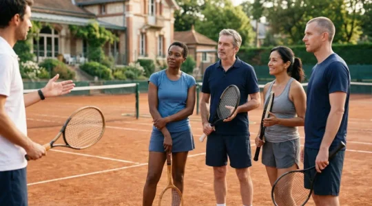 Groupe d'adultes sur un court de tennis pendant une séance collective, ambiance d'apprentissage conviviale