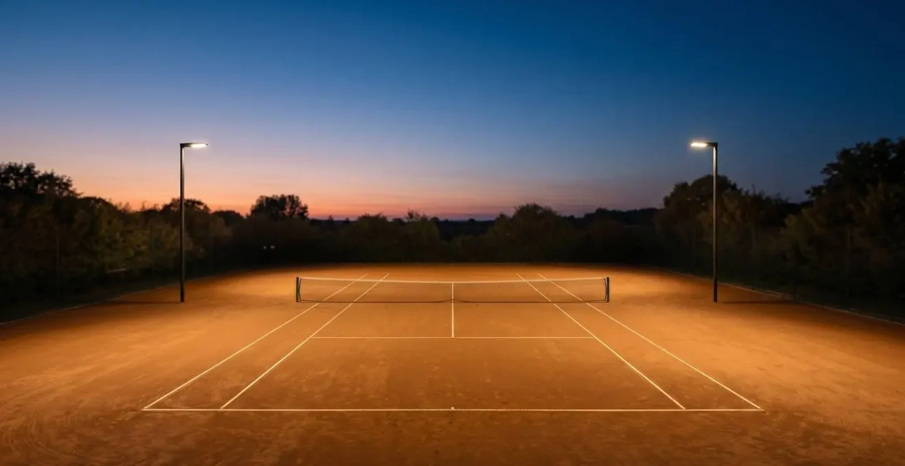 Court de tennis en terre battue éclairé par un système LED en soirée permettant une pratique tardive