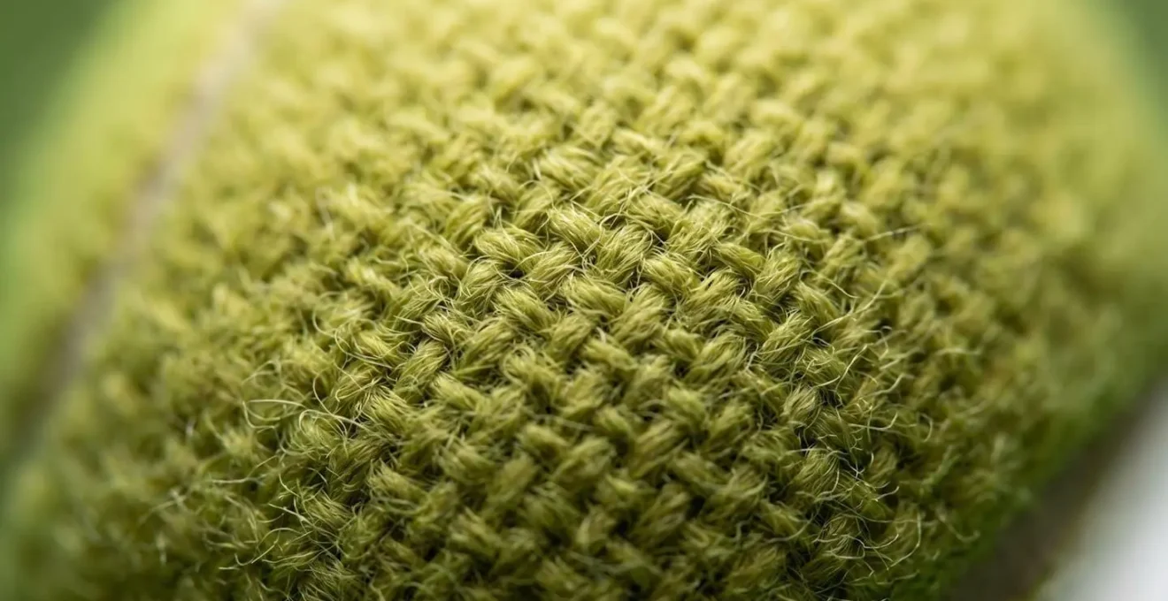 Visualisation macro de la texture d'une balle de tennis en rotation montrant l'effet du feutre