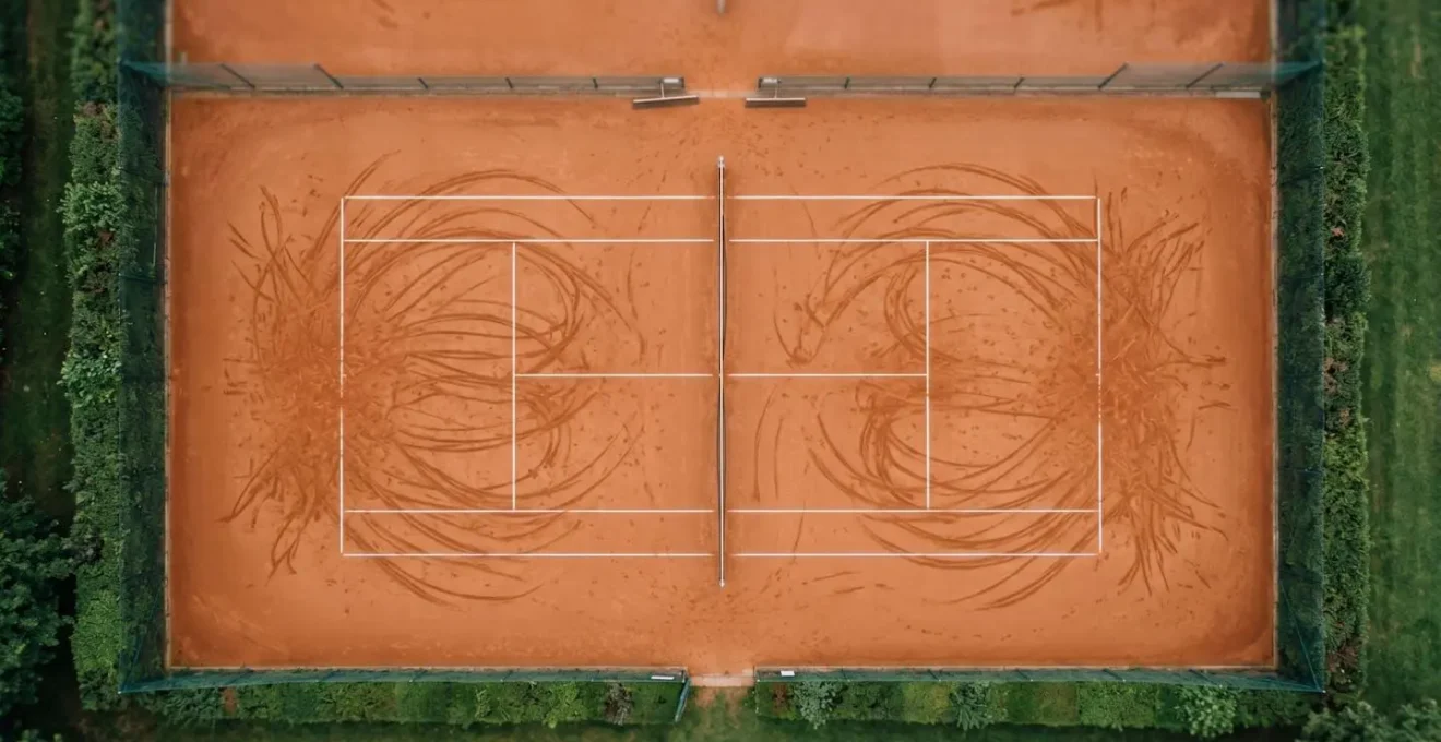 Vue aerienne minimaliste d un court de terre battue avec traces de glissades formant des patterns geometriques revelant les trajectoires repetees d un entrainement intensif