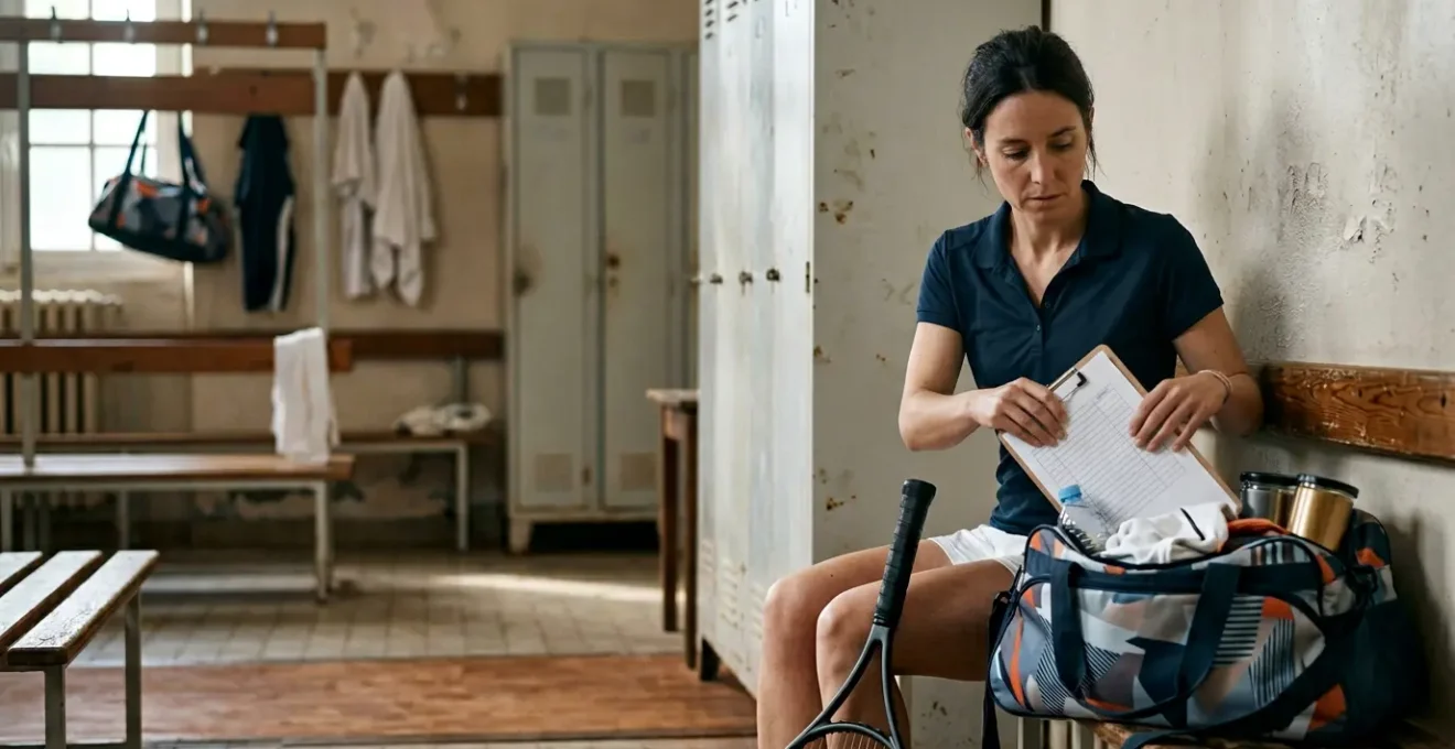 Joueur de tennis amateur préparant son sac de compétition avant un tournoi homologué en France