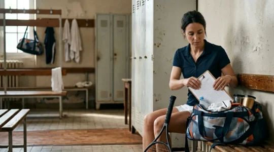 Joueur de tennis amateur préparant son sac de compétition avant un tournoi homologué en France