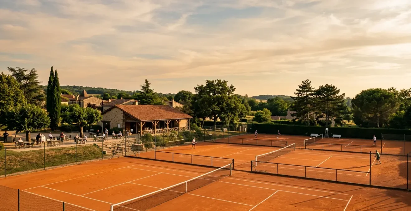 Vue d'ensemble d'un club de tennis français illustrant l'environnement social et les infrastructures associatives