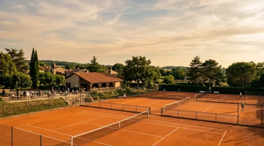Vue d'ensemble d'un club de tennis français illustrant l'environnement social et les infrastructures associatives