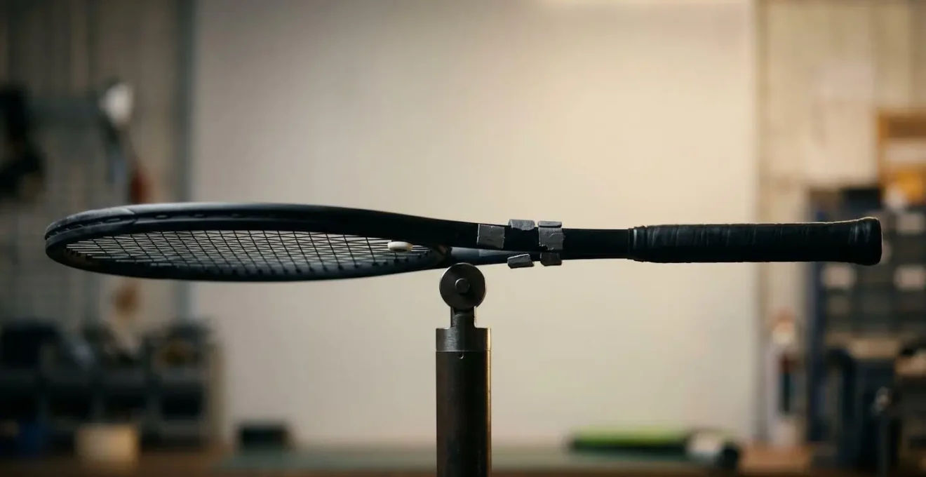 Composition symbolique montrant une raquette en équilibre avec des éléments de customisation suggérant le réglage fin du swingweight