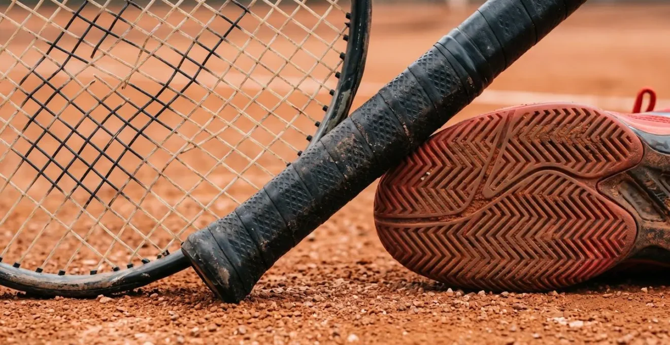 Illustration détaillant les caractéristiques biomécaniques d'une raquette et de chaussures de tennis adaptées aux amateurs