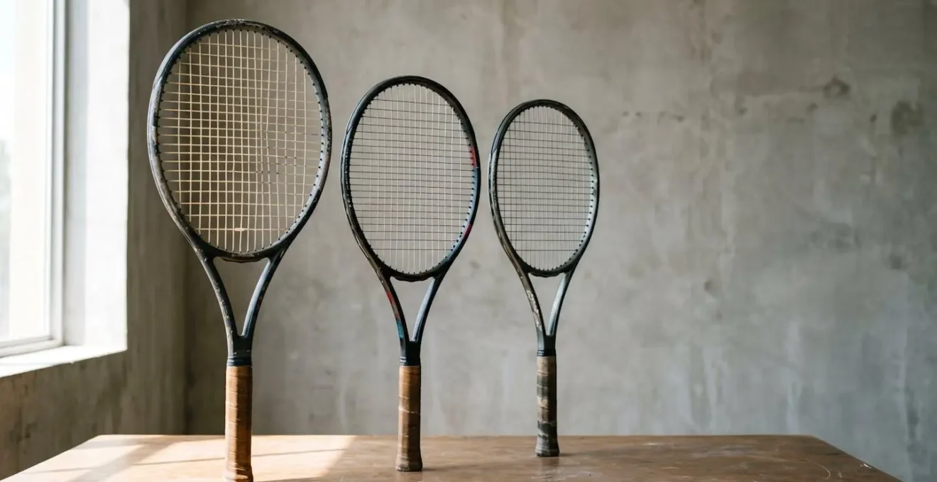 Composition symbolique montrant la progression d'un joueur de tennis à travers différents équipements disposés de manière chronologique