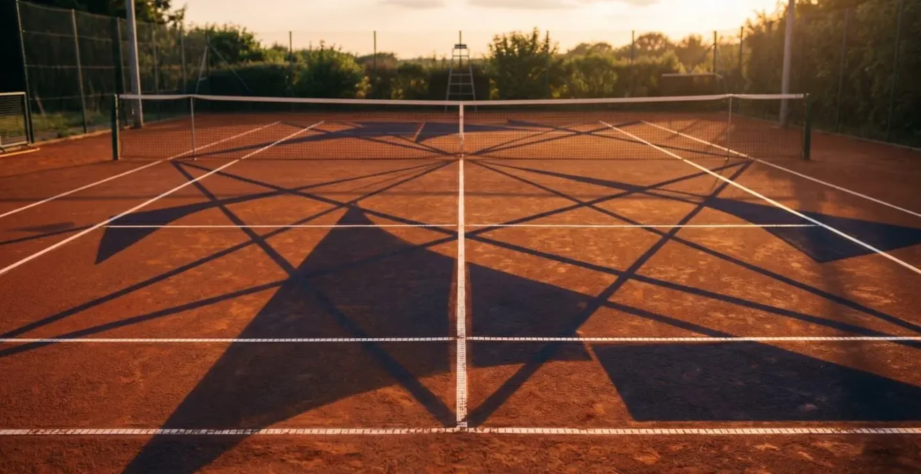 Photographie symbolique montrant des lignes de lumiere naturelle projetees sur un court de tennis vide revelant la geometrie naturelle et les angles strategiques